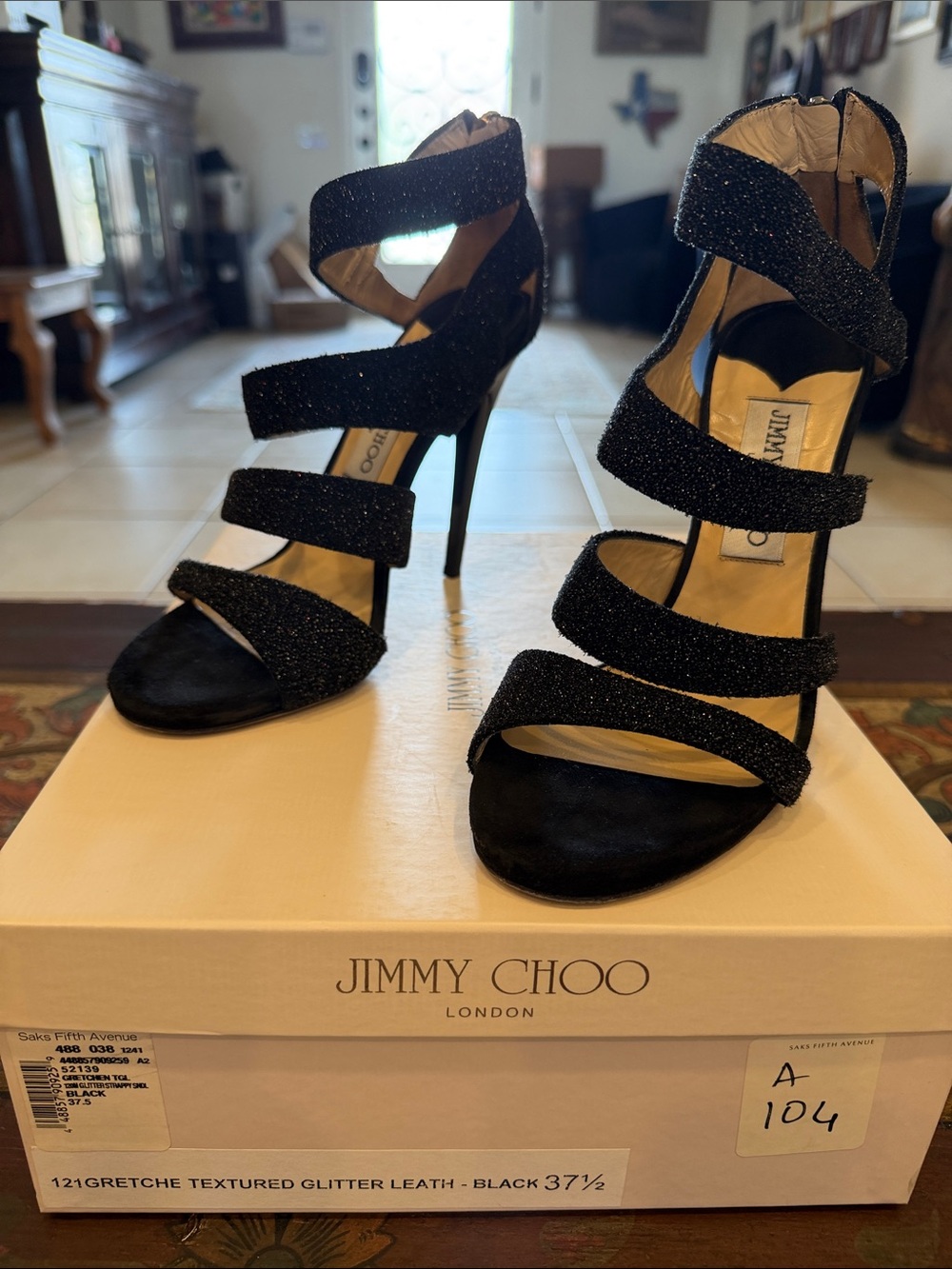 Jimmy Choo Black Textured Glitter Strappy Stilettos Size 7.5